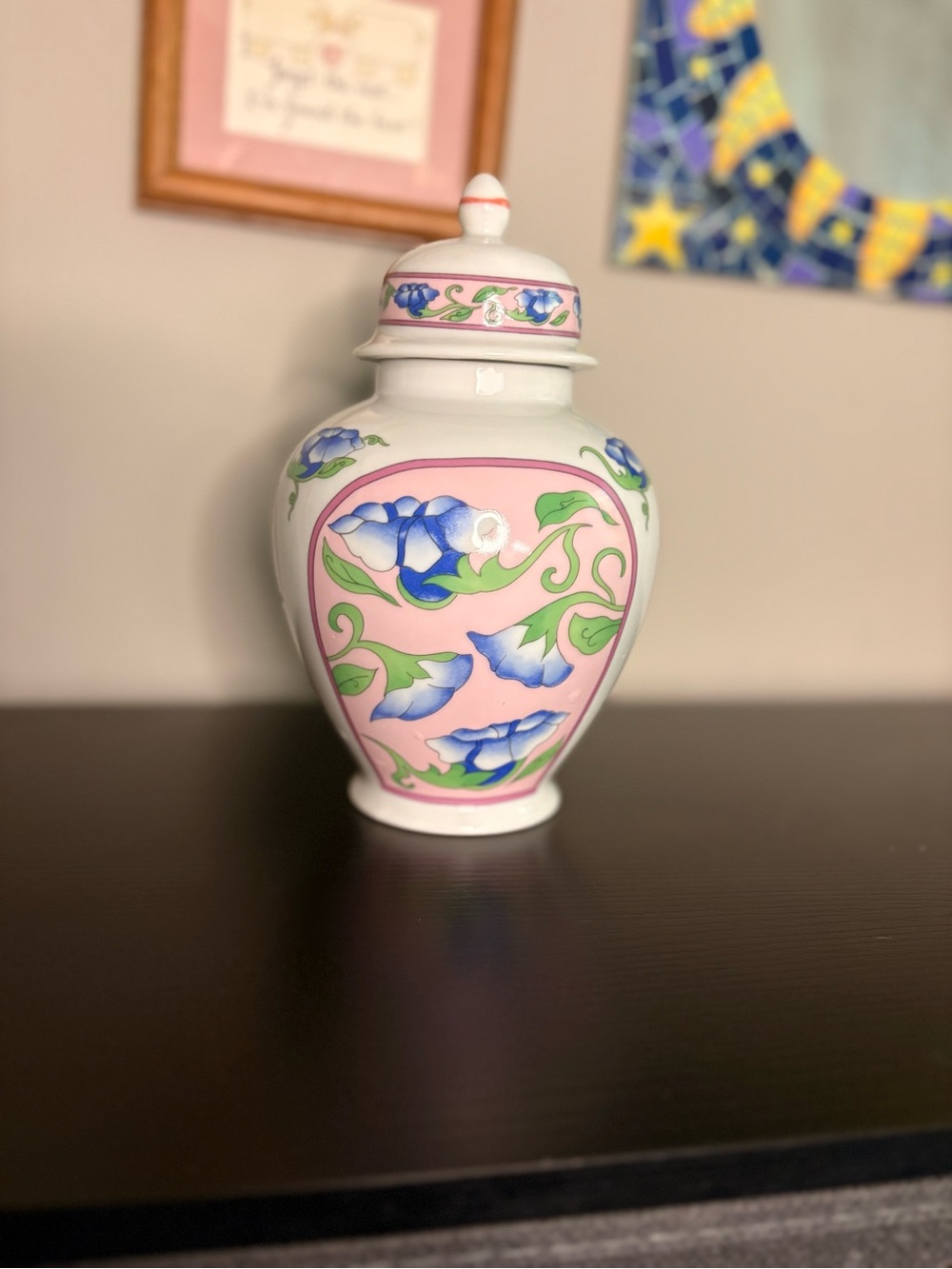 Decorative Pink Floral Ceramic Ginger Jar - White and Blue Accent
